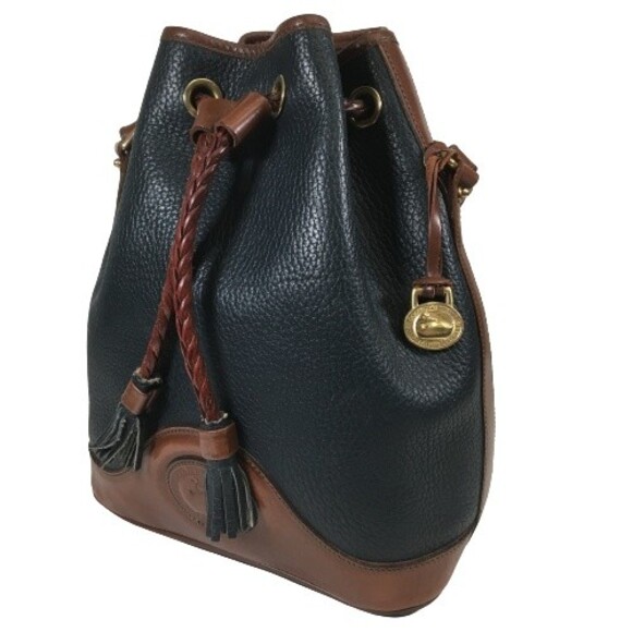 Dooney Bourke AWL Pebbled Leather Drawstring Hobo Bucket Navy Brown Shoulder Bag - Picture 3 of 16
